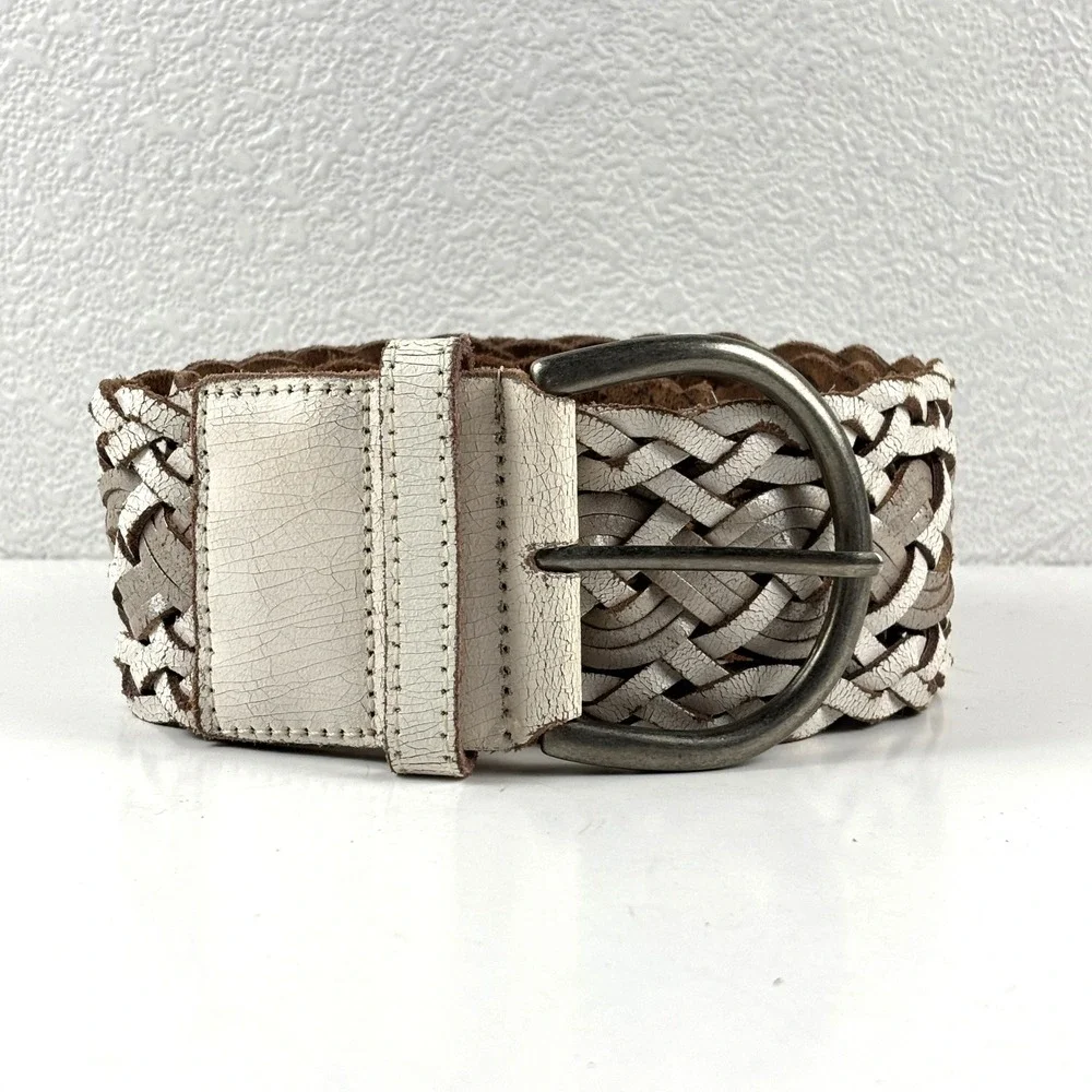 Hollister Braided Belt Womens M/L White Tan Genuine Leather Woven Wide Boho Y2K